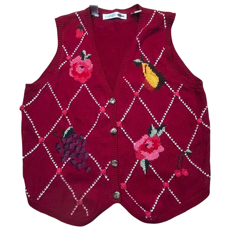 Vintage Chaus Women 1X Red‎ Fruit Knit Vest Floral Argyle GrandmaCore Cozy
